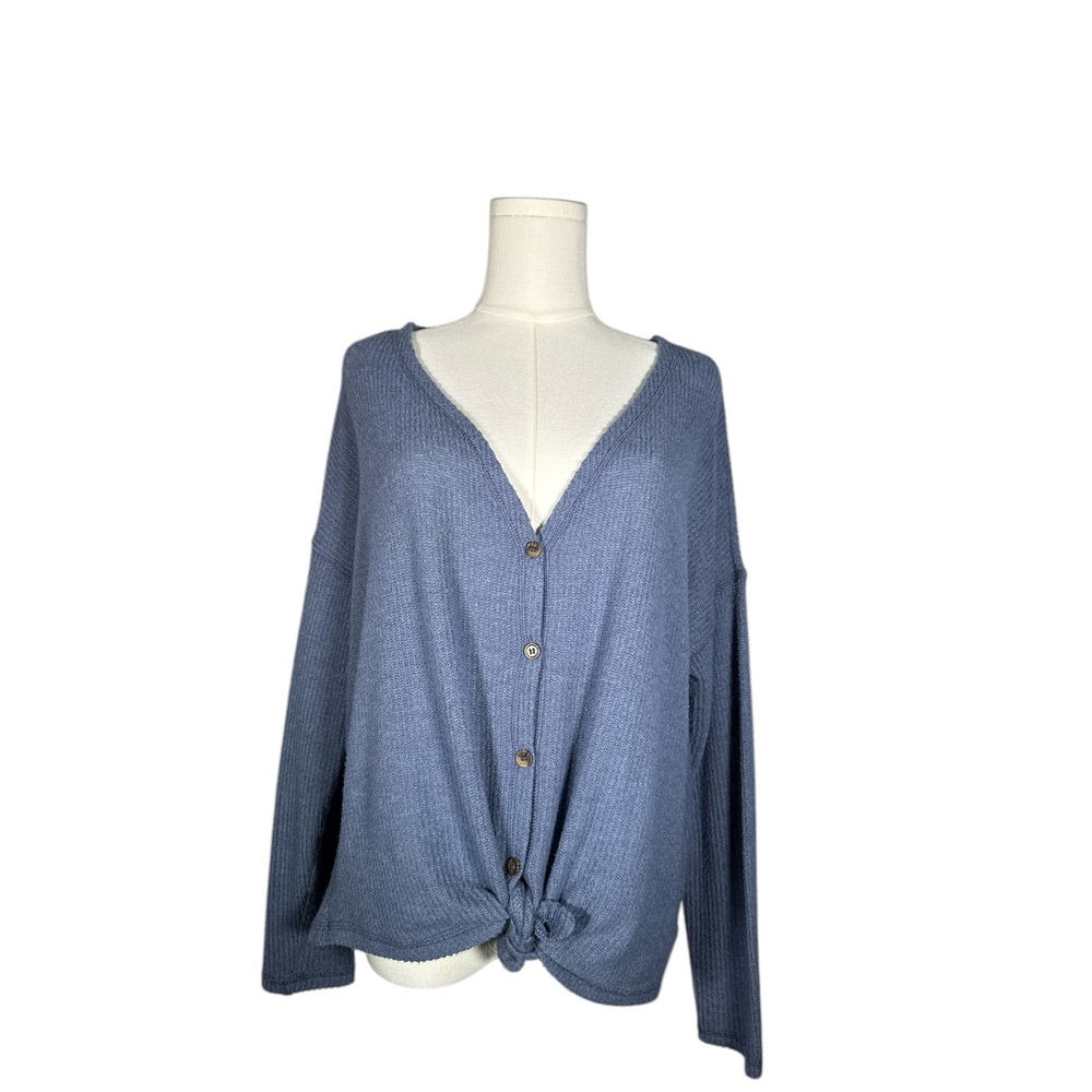 American Eagle Ribbed Knit Button Front Top Tie Front Twist Hem‎ Blue Medium